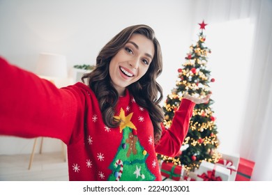 Selfie photo portrait of young girl take shot hold palm demonstrating her comfy house apartment christmas tree with decorations staying indoors