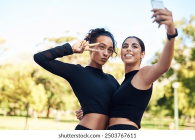 Selfie, portrait and friends in park, workout and peace sign of women with smile, exercise and happy. Outdoor, girls and profile picture for content creation, summer and fitness influencer in woods - Powered by Shutterstock