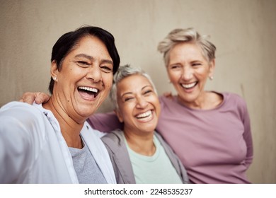 Selfie, senior women and happy fitness group, support and healthy lifestyle together. Portrait of elderly female friends, sports and wellness on wall background for workout collaboration in community - Powered by Shutterstock