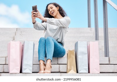 Selfie, Shopping And Female Influencer And Blogger Sitting Outside With Bags After A Spending Spree While On City Stairs. Happy, Consumer Or Customer Live Streaming Fashion Sale And Promotion Offer