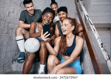 Selfie, smartphone and soccer people for sports social networking team, 5g international communication or connection on stairs. Diversity athlete football friends using phone for a social media post - Powered by Shutterstock