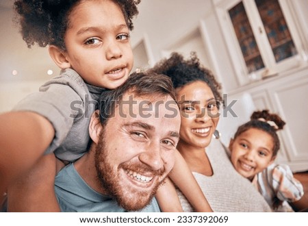 Selfie, smile and piggyback with a blended family in their home together for love, fun or bonding closeup. Portrait, happy or support with parents and kids posing for a playful photograph in a house