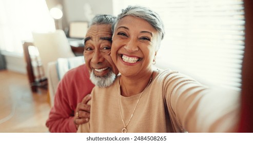 Selfie, smile and senior couple on couch for bonding, love and happy memory in home living room together. Mature man, woman and excited face on sofa for photography, relax or marriage in retirement - Powered by Shutterstock