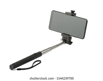 selfie stick with phone isolated without shadow clipping path