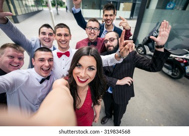 Selfie Of The Sucessful Elegant Business Team. Selective Focus, Shallow Depth Of Field.