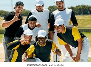 Selfie time with the winners. Cropped shot of a team of young baseball players staking a selfie together while standing on the field during the day. - Powered by Shutterstock