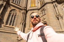 Selfie Of A Tourist Visiting The Church Of San Juan Bautista, Arucas Cathedral, Gran Canaria, Spain.
