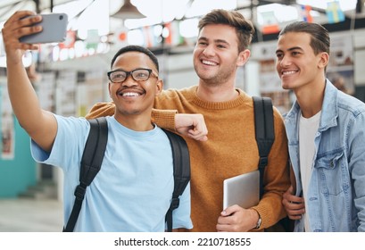 Selfie, University Campus And Students Friends Portrait For Group Networking, Social Media Update Or Cellphone Digital Memory. College, School Men At Education Or Learning Scholarship Fair On 5g Tech