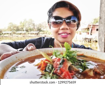 Selfie Of Woman Eating Tom Yum Fish Soup Thailand Food