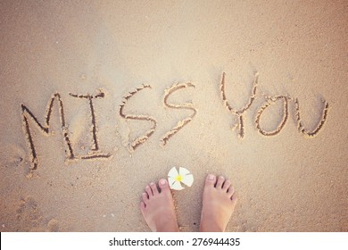 Selfie Of Word Miss You Written In Sand On Beach 