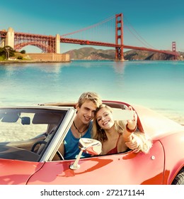 Selfie Of Young Teen Couple At Convertible Car In San Francisco Golden Gate Bridge Photo Mount