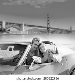 Selfie Of Young Teen Couple At Convertible Car In San Francisco Golden Gate Bridge Photo Mount