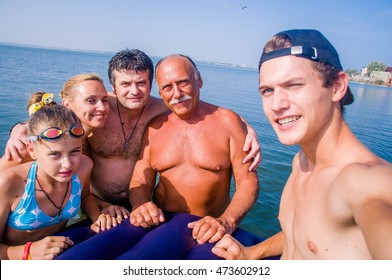 Selfies Happy Family At The Lake	