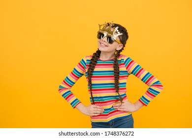 Selfish Beauty. Happy Girl Wear Prop Crown And Glasses. Beauty Look Of Little Child. Beauty Pageant. Beauty Salon. Skincare. Haircare. Fashion Party Accessories. Feeling Like Royal, Copy Space.