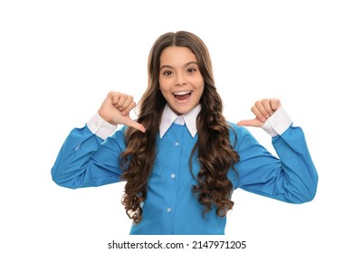 Selfish Kid Portrait Has Long Curly Hair Point Finger On Herself Isolated On White, Face