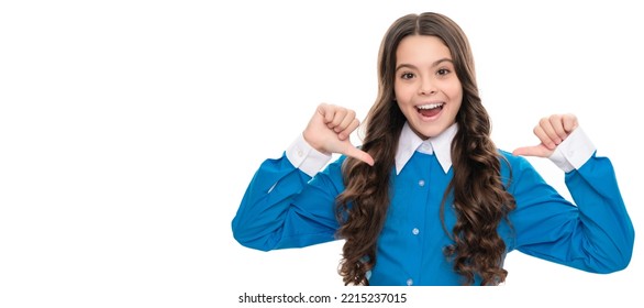 Selfish Kid Portrait Has Long Curly Hair Point Finger On Herself Isolated On White. Child Face, Horizontal Poster, Teenager Girl Isolated Portrait, Banner With Copy Space.