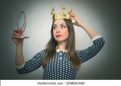 Selfish Woman. Arrogant Disgruntled Girl With High Self Esteem. Egoist Person Woman With Golden Crown On Her Head. Dissatisfied Winner.