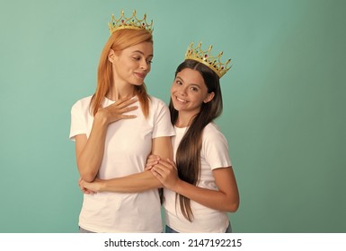 Selfish Woman Mother Smile At Happy Girl Child In Crowns Blue Background, Daughter