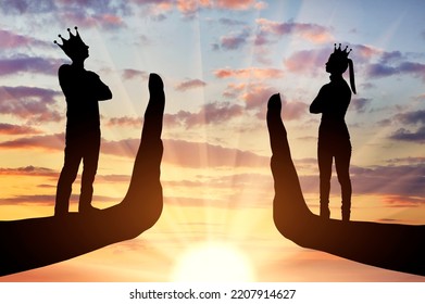 Selfishness and arrogance. Arrogant people, woman and man with crown standing on stop hand gesture. Concept of arrogant behavior and the lack of compromise in relationships. Silhouette - Shutterstock ID 2207914627