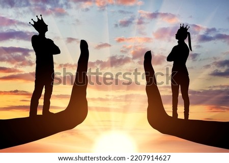 Selfishness and arrogance. Arrogant people, woman and man with crown standing on stop hand gesture. Concept of arrogant behavior and the lack of compromise in relationships. Silhouette