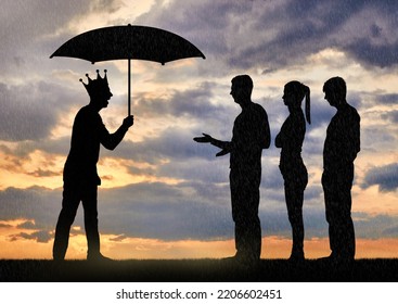 Selfishness and arrogance. Selfish man with a crown holding an umbrella laughing at people in the rain. The concept of complete egoism and arrogance. Silhouette - Shutterstock ID 2206602451
