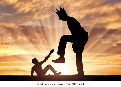 Selfishness. The big man with the crown on his head intends to destroy the little man. The concept of behavior as a selfish tyrant and dictator in business, politics and life. Silhouette