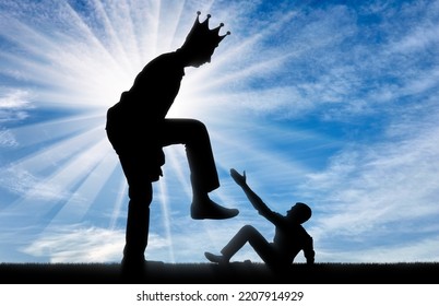 Selfishness. The big man with the crown on his head intends to destroy the little man. The concept of behavior as a selfish tyrant and dictator in business, politics and life. Silhouette - Shutterstock ID 2207914929