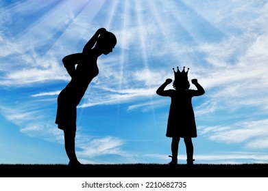 Selfishness. Dissatisfied Parent Mom And Selfish Child Girl With A Crown Screaming And Being Naughty. The Concept Of Behavior - Child Egoism And Upbringing. Silhouette