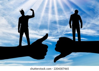 Selfishness And Ego. An Arrogant Selfish Man With A Crown On His Head Points His Finger At Himself, Considering Himself Better Than Other Person. Concept Of Egoism, Arrogance. Silhouette