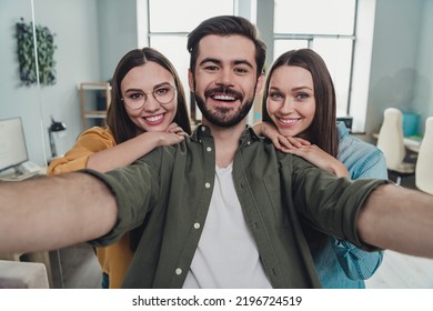 Self-portrait Of Attractive Cheerful Buddy Fellow Leaders Experts Having Fun Pause Break At Work Place Station Indoors