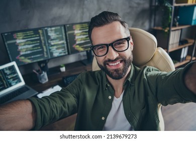 Self-portrait Of Attractive Cheerful Intellectual Guy Working Remotely Employment Tech Support At Workplace Station Indoors.