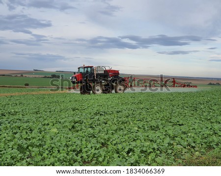 Self-propelled sprayer working in the field. Applying pesticides on a rapeseed crop.