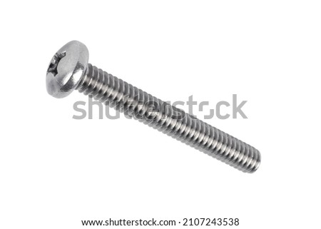 Self-tapping screw  isolated on white background with clipping path. Macro shot metal self-tapping screw. Chromed screw bolt isolated. Nuts and bolts. Tools for work.