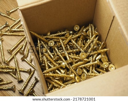Self-tapping screws for wood, plywood or chipboard. Cardboard box with screws