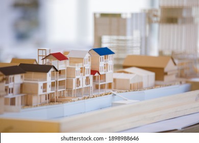 Selictive Focus Wood Model Of A House. Construction And Home Architecture. Architect Design Working Drawing Sketch Model House, Work Tools