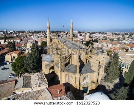 Selimiye Mosque (Hagia Sophia Cathedral), one of the most important gothic monuments on the Cyprus / Lefkosa, was started to be built by the Latin Archbishop Eustorge de Montaigu in 1208. Aerial view 