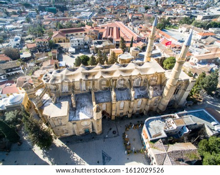 Selimiye Mosque (Hagia Sophia Cathedral), one of the most important gothic monuments on the Cyprus / Lefkosa, was started to be built by the Latin Archbishop Eustorge de Montaigu in 1208. Aerial view 