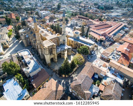 Selimiye Mosque (Hagia Sophia Cathedral), one of the most important gothic monuments on the Cyprus / Nicosia, was started to be built by the Latin Archbishop Eustorge de Montaigu in 1208. Aerial view 
