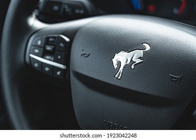 Selinsgrove, PA - January 2021: Ford Bronco Logo On Steering Wheel In A New 2021 Bronco Sport