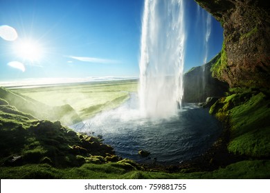 Seljalandfoss Waterfall Sunset Iceland Horizontal Shot Stock Photo ...