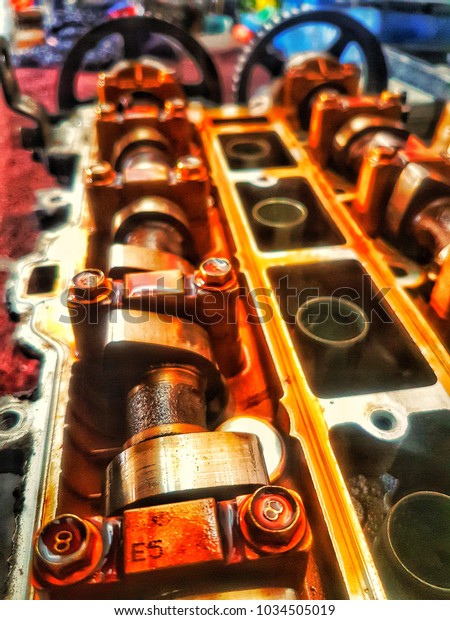 Sellective focus. The top of the
cylinder head with two engine camshafts with fully timing
belt