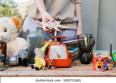 Selling items at the garage sale. Second hands concept. Reusing old stuff - Shutterstock ID 1830752681