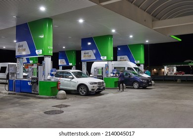 Selo, Slovenia - Circa 2022: Petrol Station On OMW At Night In Early 2022