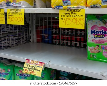 Semarang, Indonesia - April 15 2020: Empty Supermarket Shelves In The Baby Care Products Section.