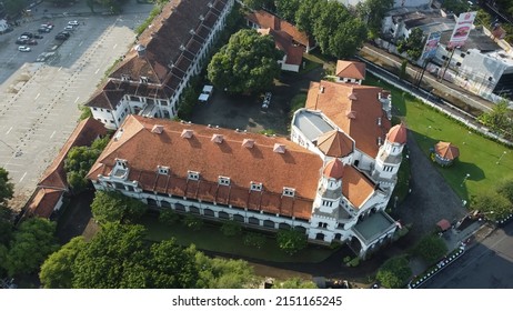 Semarang, Indonesia - April 30, 2022 : Aerial view Lawang Sewu, the famous colonial building in Semarang , Indonesia 
