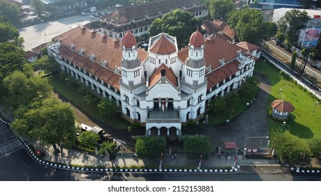 Semarang, Indonesia - April 30, 2022 : Aerial view Lawang Sewu, the famous colonial building in Semarang, Indonesia 
