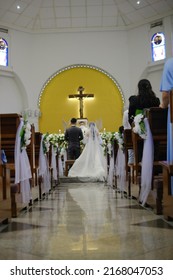 Semarang, Indonesia June 7, 2021 : The Wedding Blessing Of A Man And A Woman In A Catholic Church In Indonesia