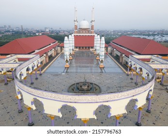 Semarang, Indonesia - Mar 25 2022 : Aerial photo of Grand Mosque of Middle Java (Masjid Agung Jawa Tengah) taken in the morning