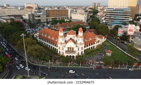 Semarang, Indonesia - May 5th 2022 : Aerial view Lawang Sewu, the famous colonial building in Semarang , Indonesia 