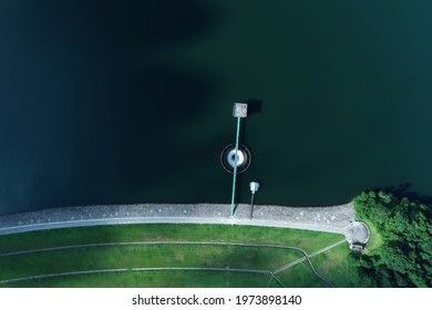 Semenyih, Selangor, Malaysia - May 2021, 15th: Top Down Aerial View Of A Spill Way Bell Mouth At Semenyih Dam